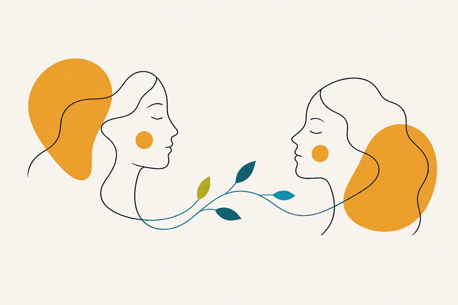 Ilustração de dois perfis em diálogo unidos por um ramo com folhas